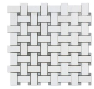 BASKETWEAVE HONED WHITE THASSOS + POLISHED BLUE DOTS