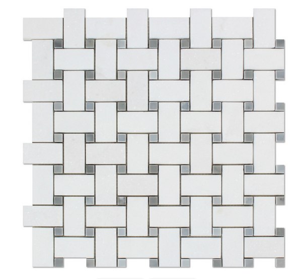 BASKETWEAVE HONED WHITE THASSOS + POLISHED BLUE DOTS